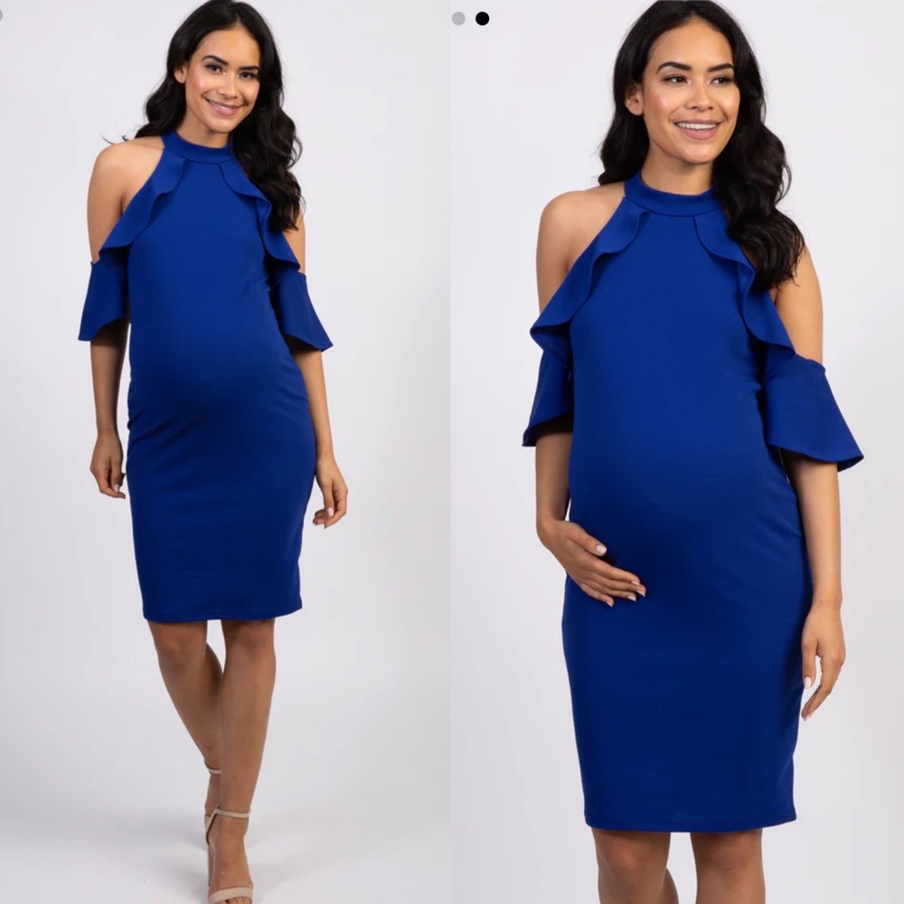 Pinkblush Royal Cobalt Blue Mock Neck Fitted Maternity Dress